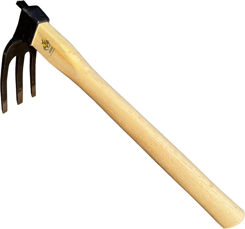 ALANX 14 inch Japanese Hand Tiller/Rake for Garden, 3-tines Cultivator, Without Welding, Oak Handle, for Digging, Soil Preparation, Chopping Through Roots and Hard Soil and Other Gardening tasks - Image 1